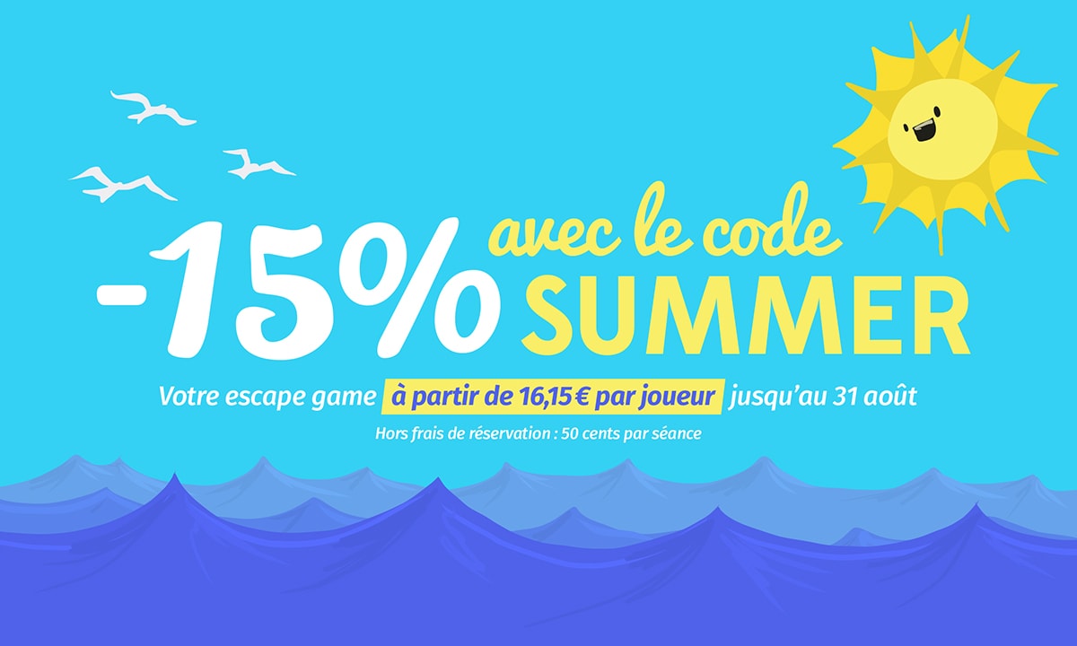 Dessin d'un soleil sur un fond bleu ciel avec le texte : Jusqu'au 31 août, 15% de réduction avec le code SUMMER